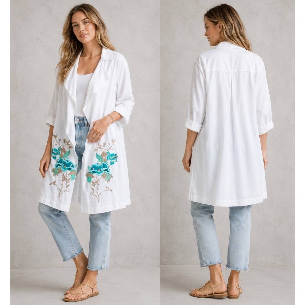 Chico's Long Embroidered Topper Jacket Optic White Floral Linen Blend Size 4